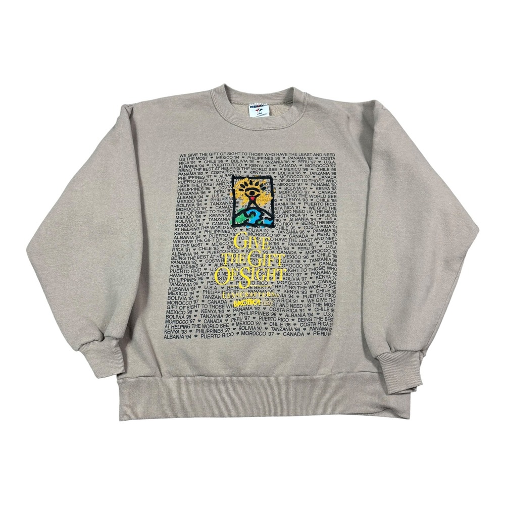 VNTG 90s Jerzees Lenscrafters Gift of Sight Tan Sweatshirt Men's L (Fits Small)